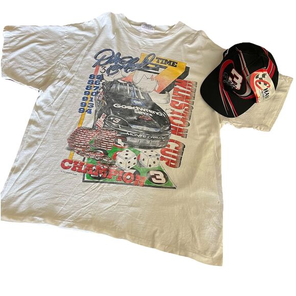 Dale Earnhardt Vintage 90s Double Sided  Single Stitch Signed T Shirt W/Hat 2X - Picture 1 of 15